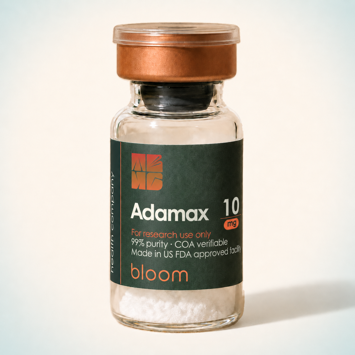 Bloom Adamax 10 mg vial on warm ivory background with pale blue-green corners