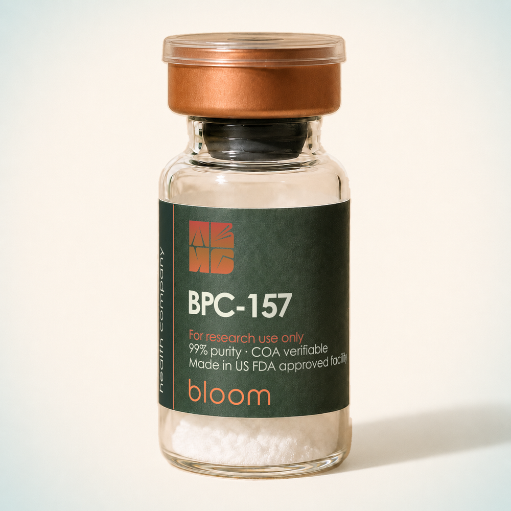 Bloom BPC-157 vial on warm ivory background with pale blue-green corners