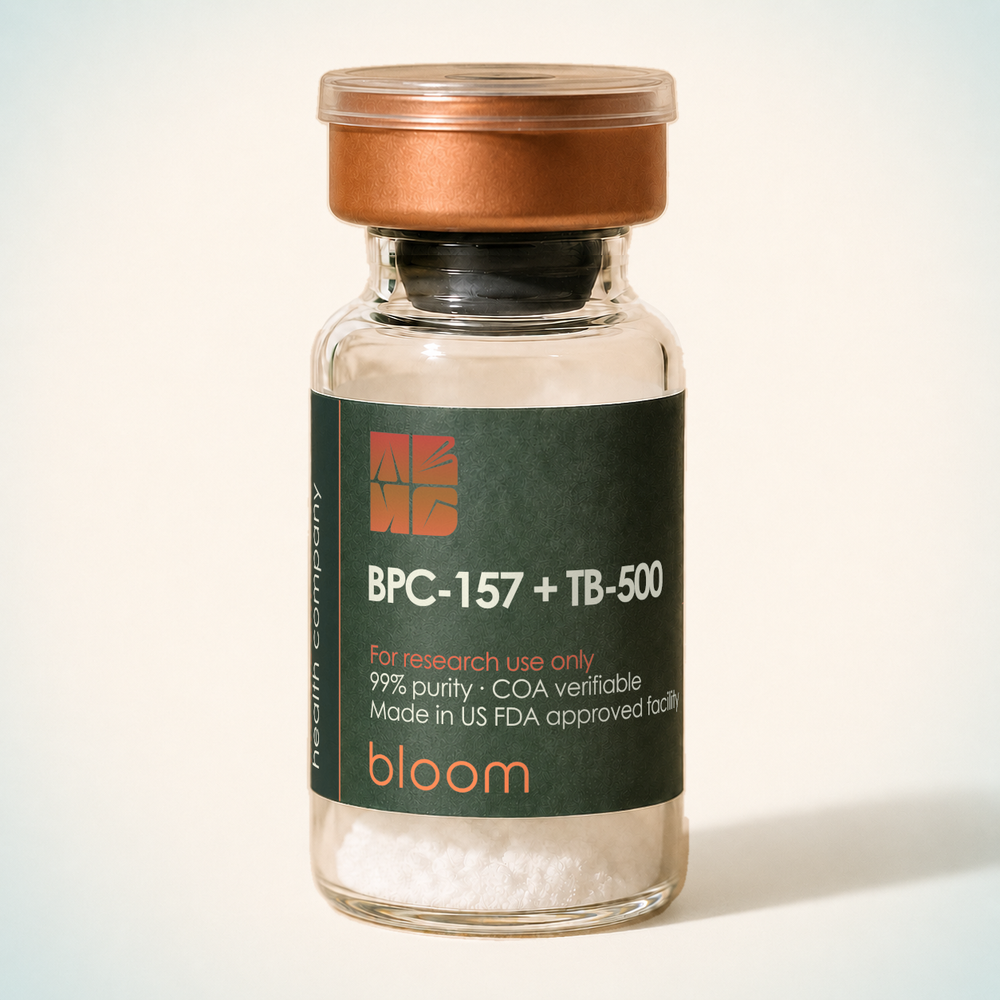 Bloom BPC-157 + TB-500 vial on warm ivory background with pale blue-green corners
