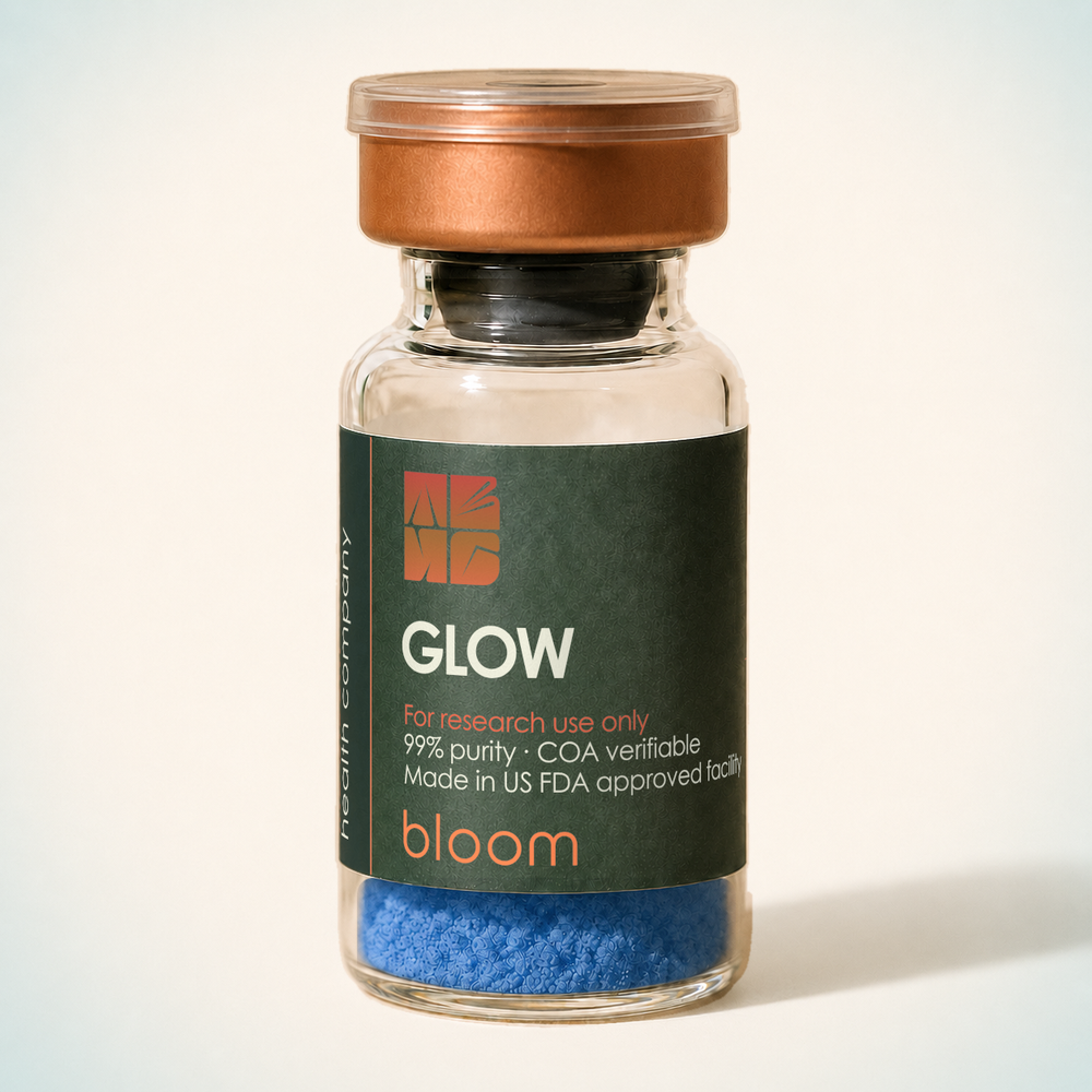 Bloom GLOW70 vial on warm ivory background with pale blue-green corners