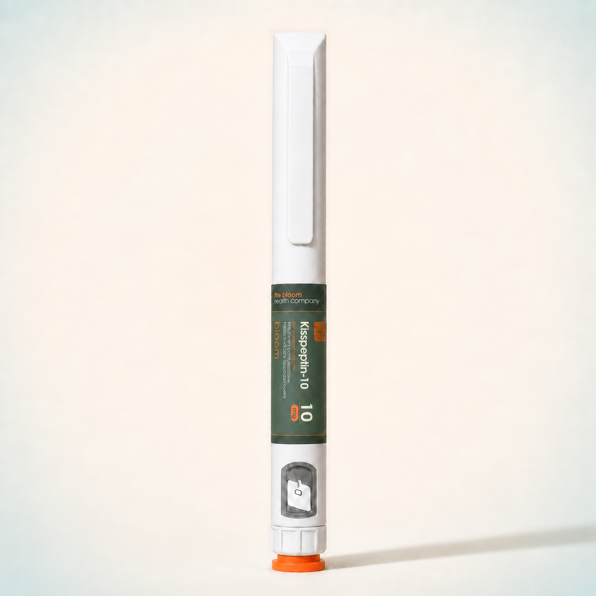 Bloom Kisspeptin-10 10 mg prepared pen on warm ivory background with pale blue-green corners