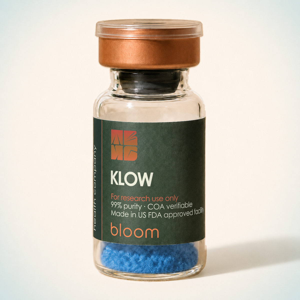 Bloom KLOW80 vial on warm ivory background with pale blue-green corners