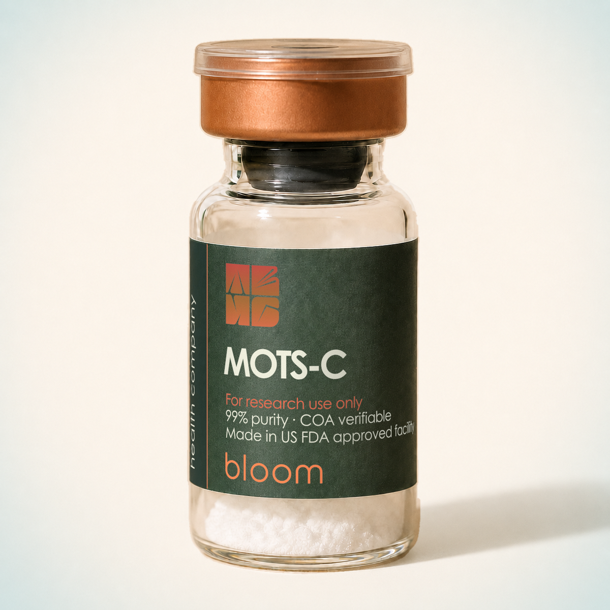 Bloom MOTS-c vial on warm ivory background with pale blue-green corners