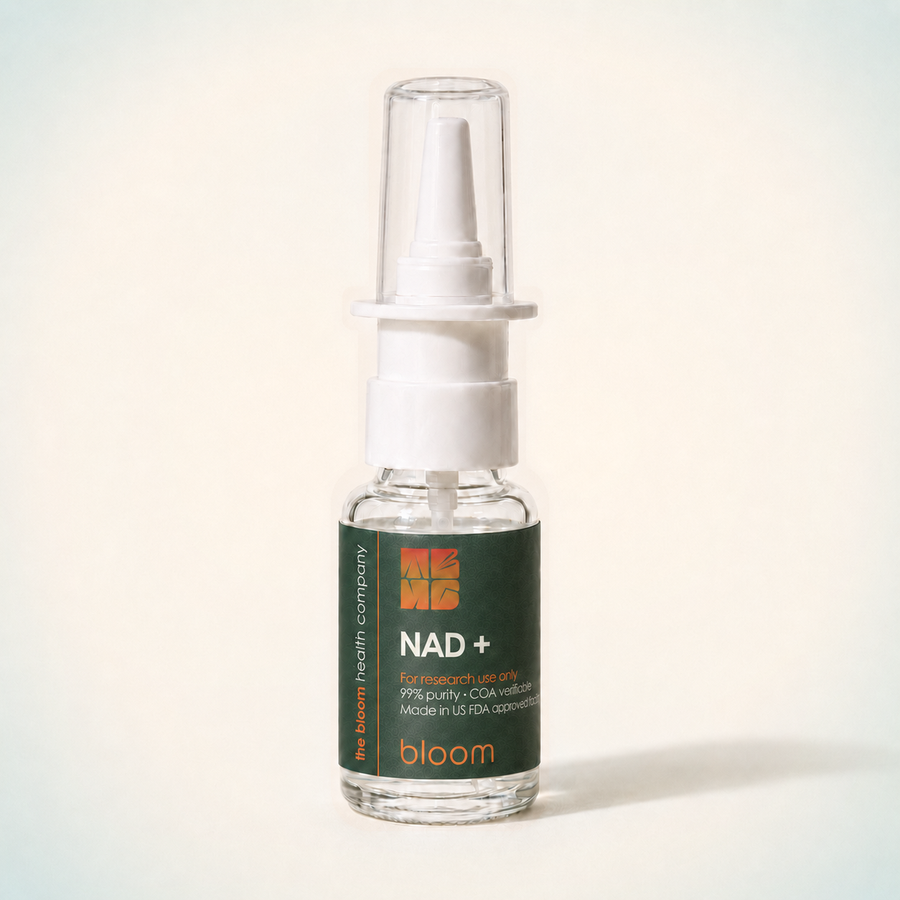 Bloom NAD+ 100 mg nasal spray on warm ivory background with pale blue-green corners