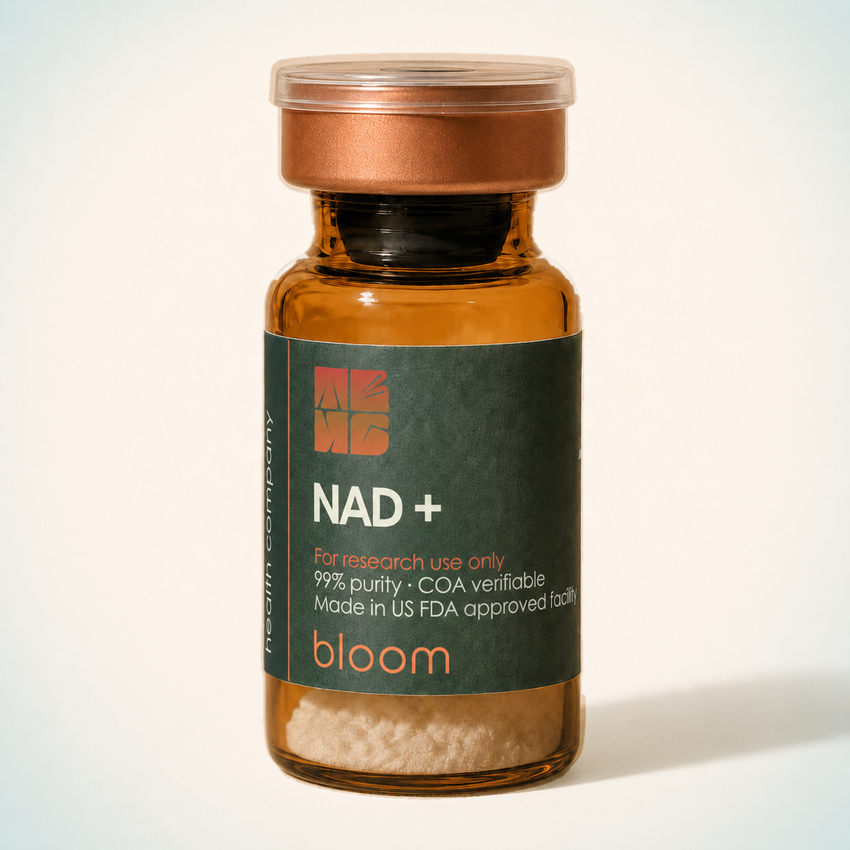 Bloom NAD+ vial on warm ivory background with pale blue-green corners