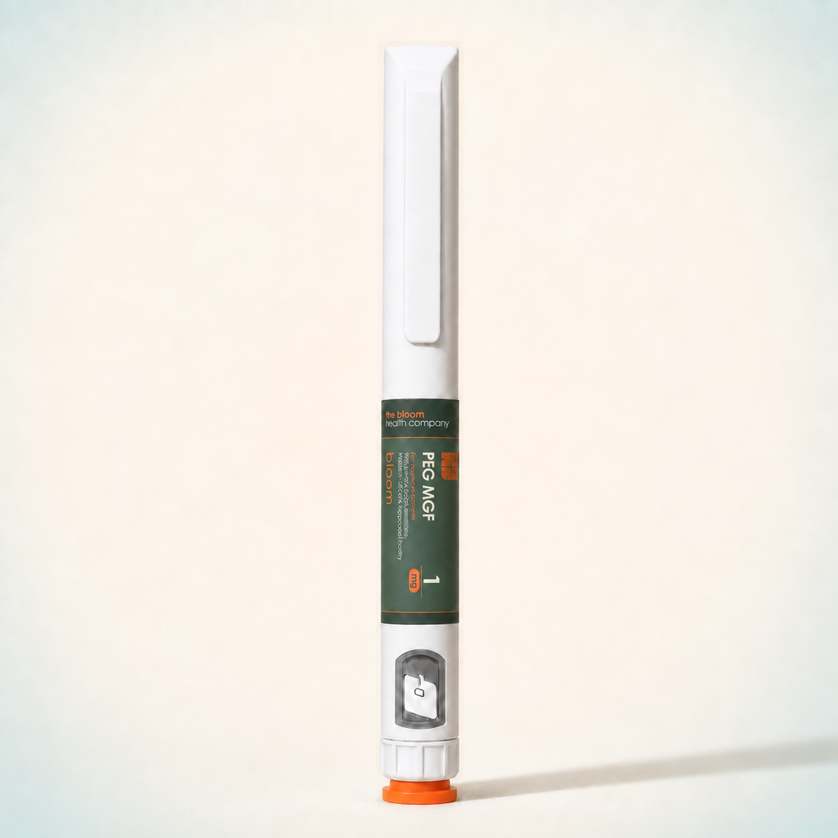 Bloom PEG MGF 1 mg prepared pen on warm ivory background with pale blue-green corners