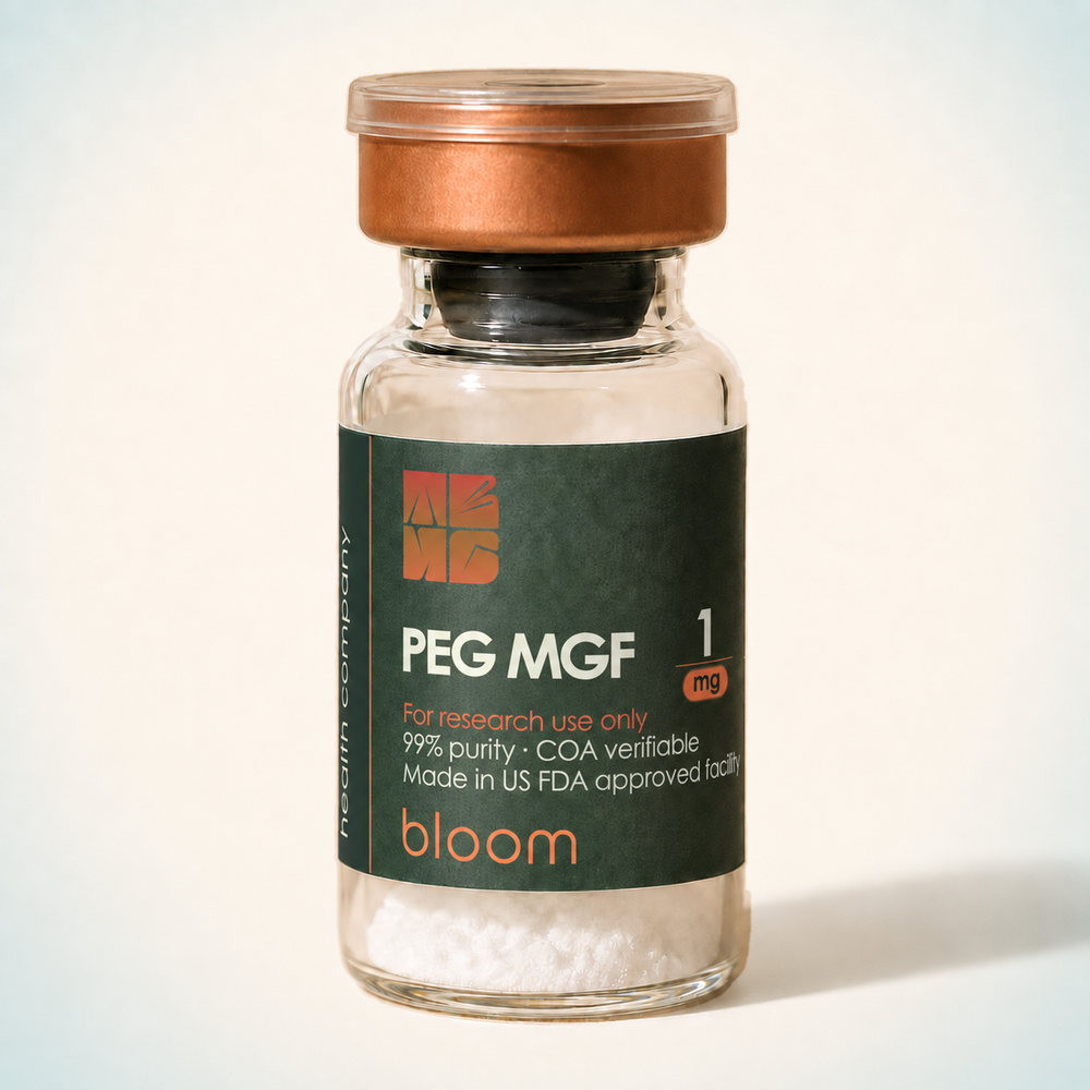 Bloom PEG MGF 1 mg vial on warm ivory background with pale blue-green corners