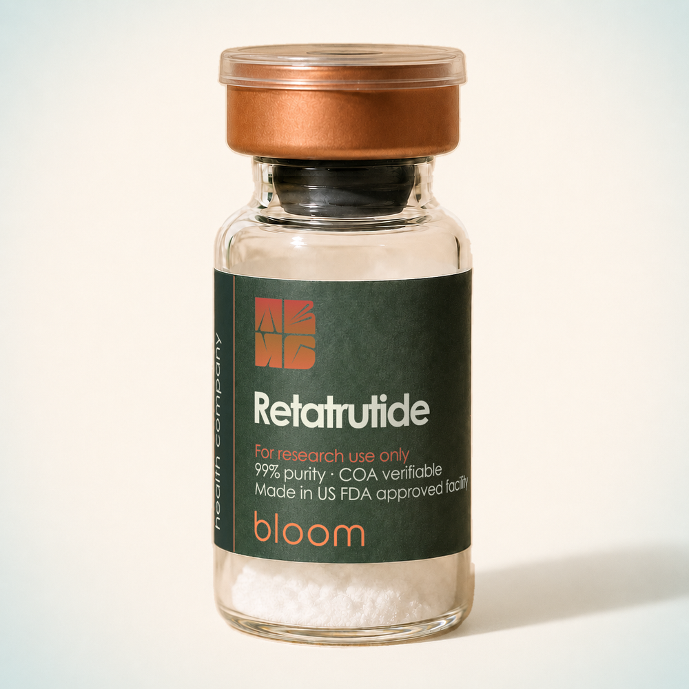 Bloom Retatrutide vial on warm ivory background with pale blue-green corners