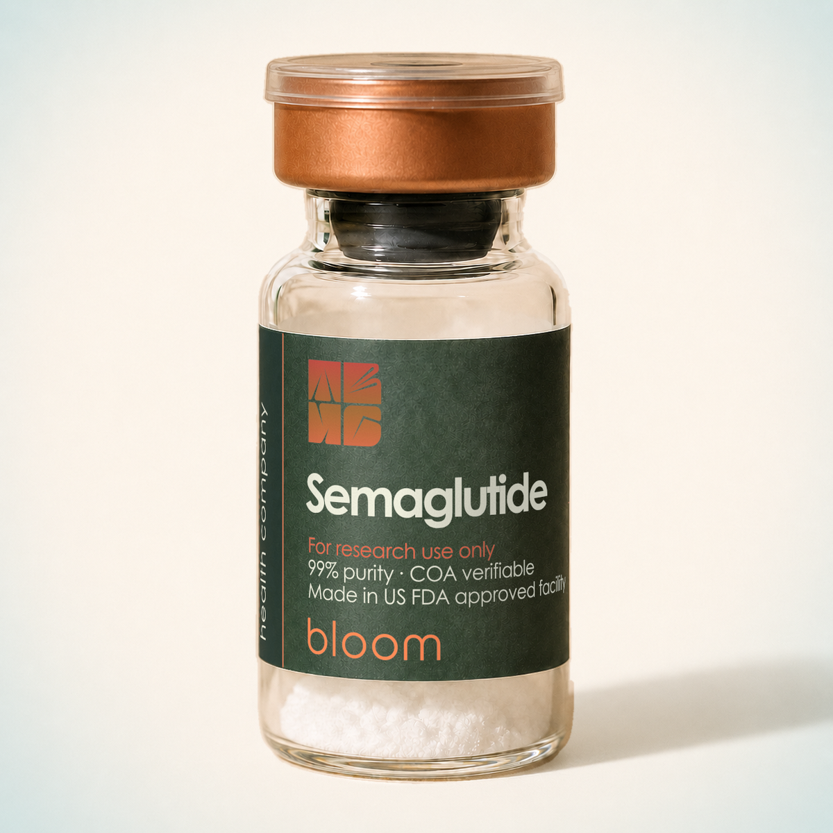 Bloom Semaglutide vial on warm ivory background with pale blue-green corners
