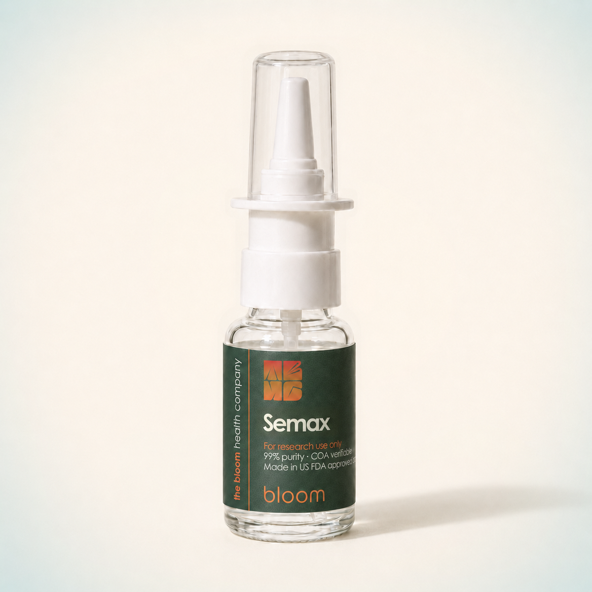 Bloom Semax 5 mg nasal spray on approved ivory background with pale blue-green corners