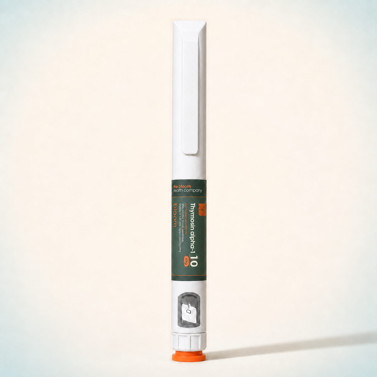 Bloom Thymosin alpha-1 10 mg prepared pen on warm ivory background with pale blue-green corners