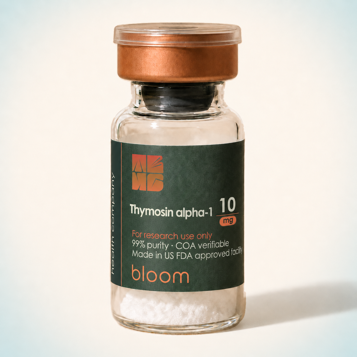 Bloom Thymosin alpha-1 10 mg vial on warm ivory background with pale blue-green corners