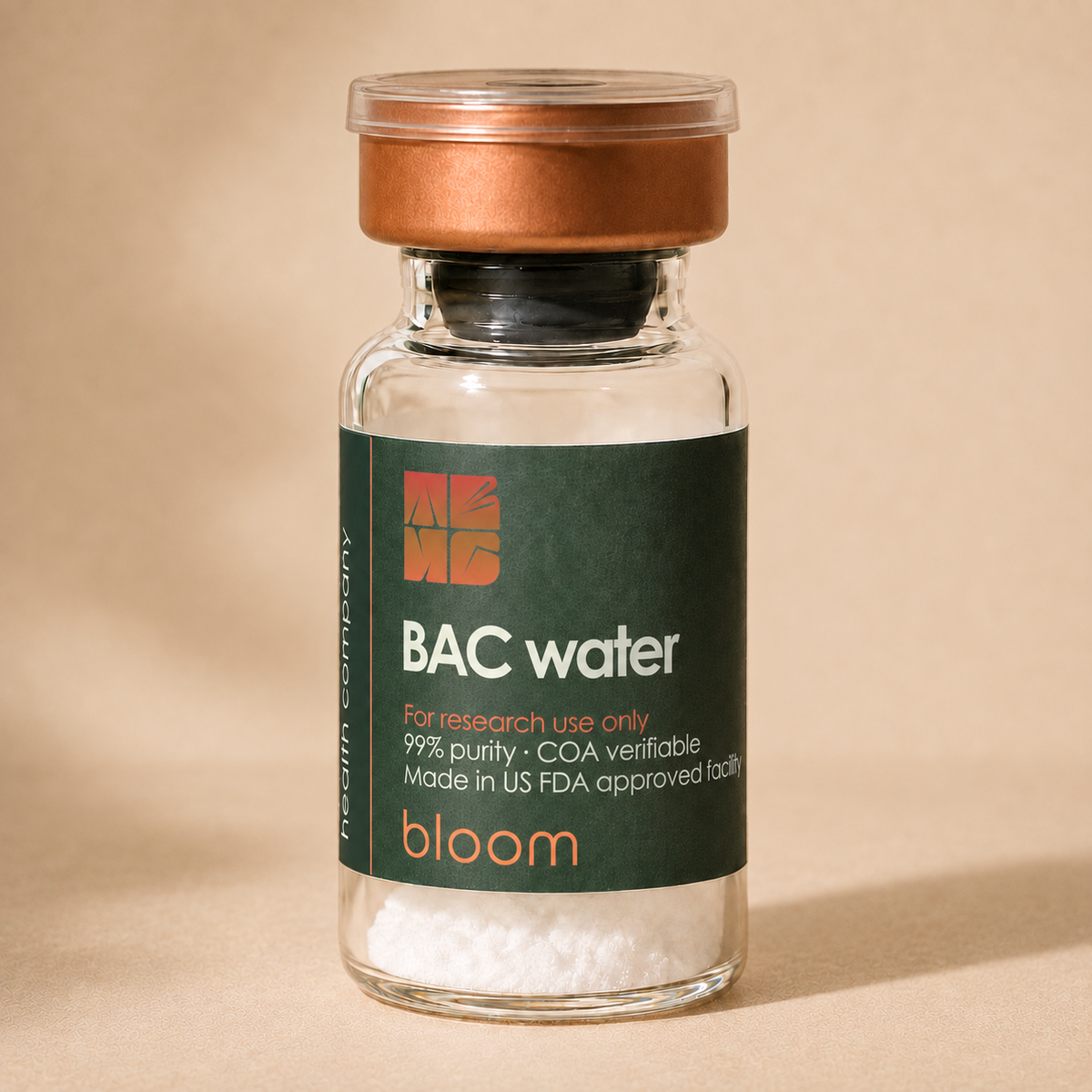 Bloom BAC Water 3 mL vial on a warm beige studio background, matching Bloom essentials