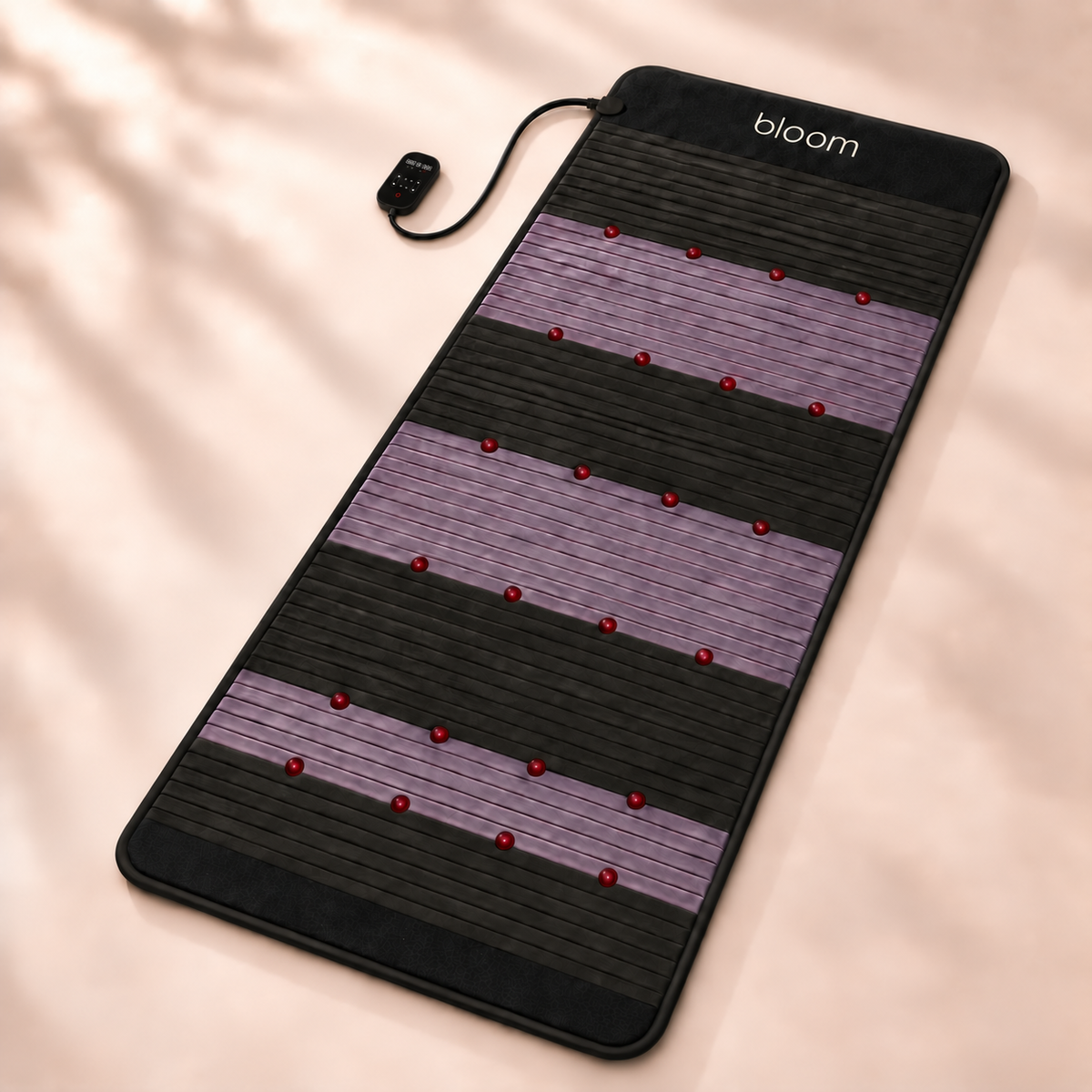 Bloom Recovery Mat with its 10 × 15 cm digital controller beside the 80 × 190 cm mat — product visualisation