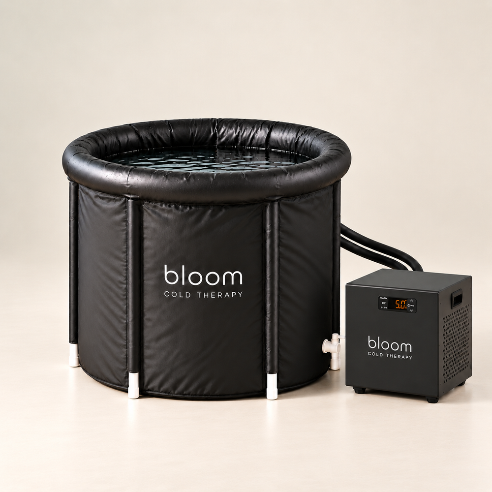 Bloom Ice Core - Set with black round ice bath tub and compact chiller on a soft ivory studio backdrop.