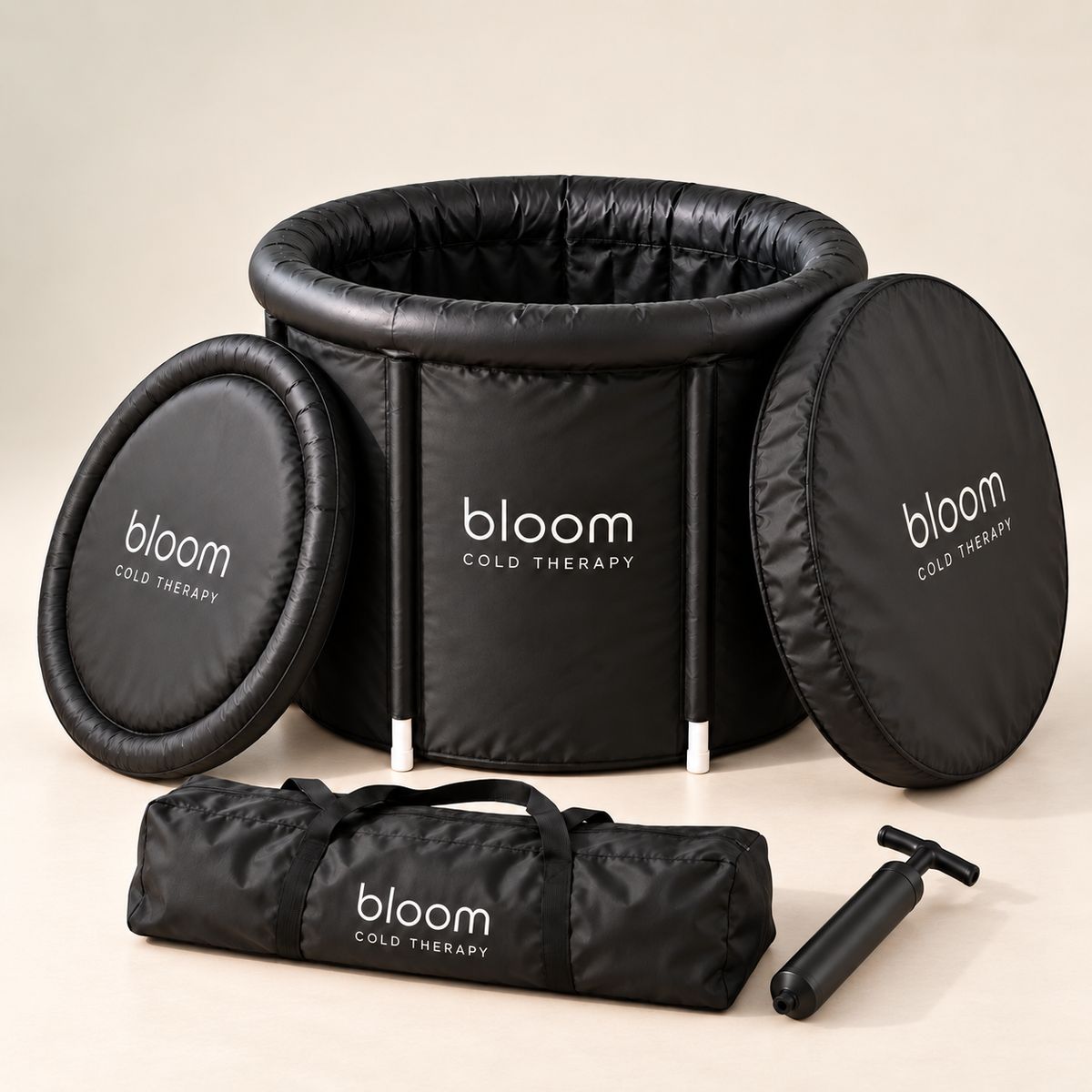 Bloom Ice Core tub with padded lid, protective cover, carry bag and hand pump on a soft ivory studio backdrop.