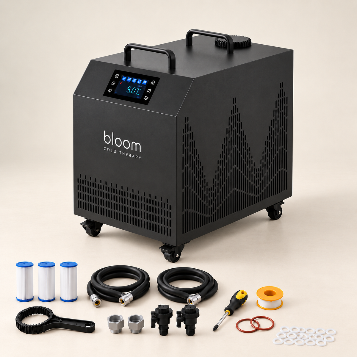Bloom Ice Pro Chiller side view with connection hoses, filter cartridges and accessories