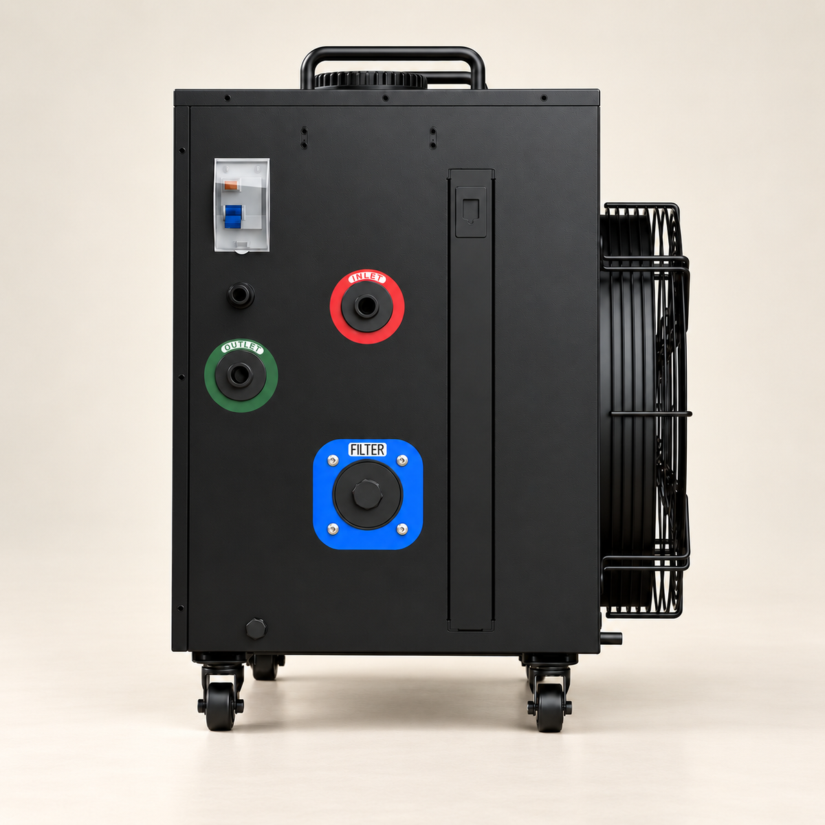 Bloom Ice Pro Chiller rear view showing inlet, outlet and filter access
