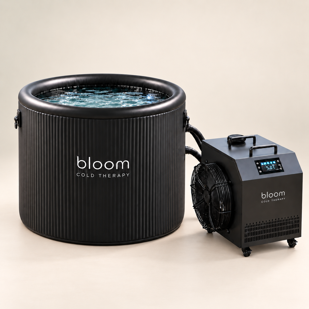 Bloom Ice Pro Set with ribbed black tub and connected Pro chiller on a soft ivory studio backdrop