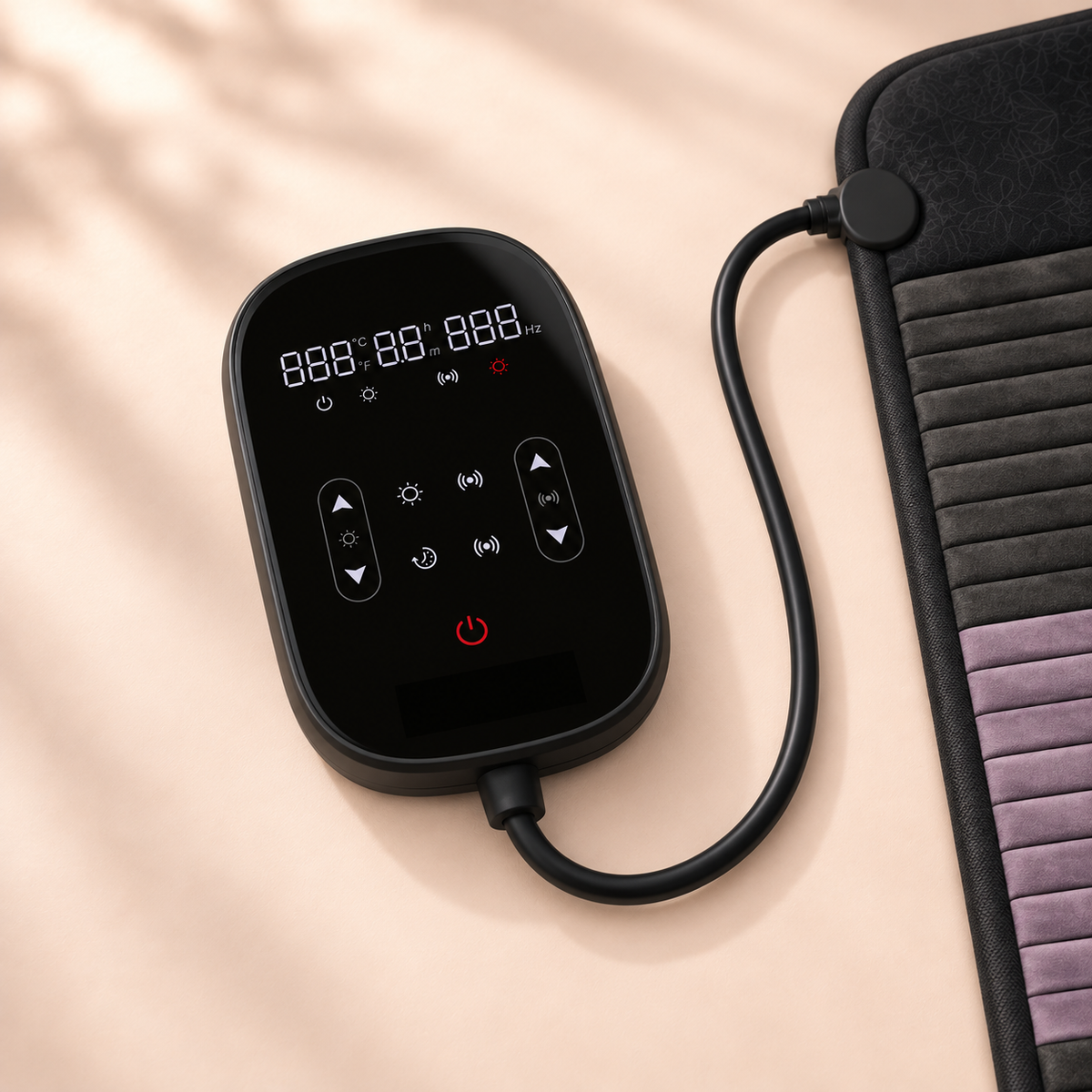 Bloom mat digital controller beside the ribbed mat surface — product visualisation
