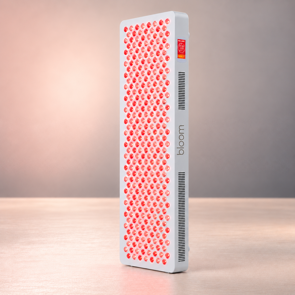 Bloom Red Pro panel with softly glowing LEDs in a warm studio