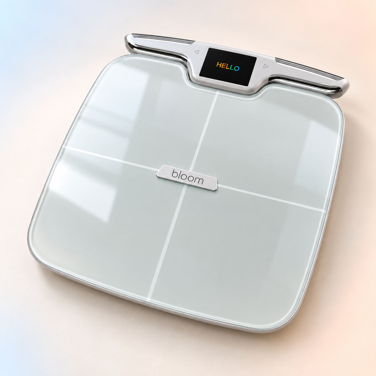 Bloom smart scale with reflective glass platform and docked hand electrode, angled studio view