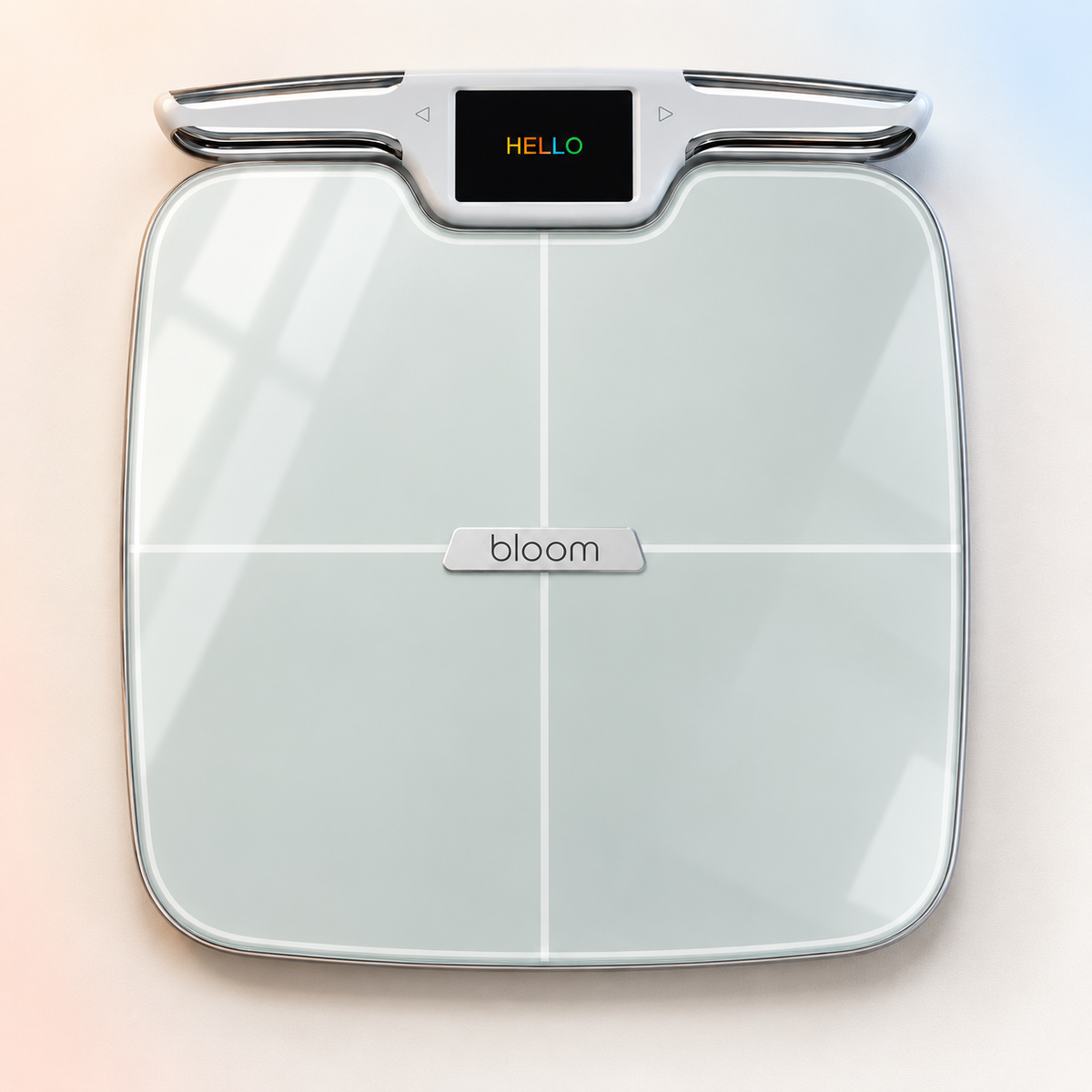 Overhead view of the Bloom smart scale with glass electrodes and retractable handle
